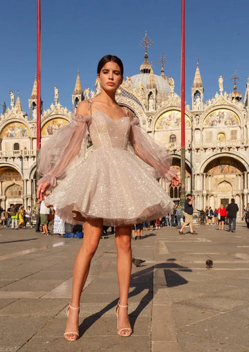 Princess Short Sequins Puffy sleeves Tulle Evening Dress Spaghetti Straps V-Neck A-Line Backless Lace Up Sexy Prom Gown As Picture