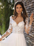 Elegant Boho V-Neck Lace Chiffon Wedding Dresses for Women Long Sleeves Wedding Gowns A-LineA-Line vestidos de novia