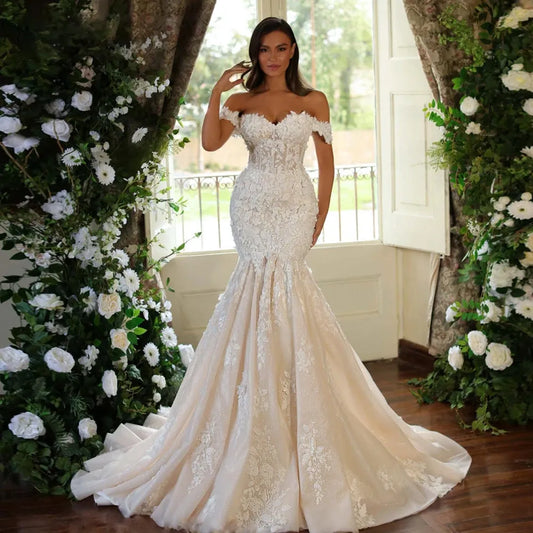 3d Flower Applique Litter Mermaid Wedding Dresses For Woman Cap Sleeve Princess Bridal Gown Lace Up Lace-up Dress Robe Floor Length