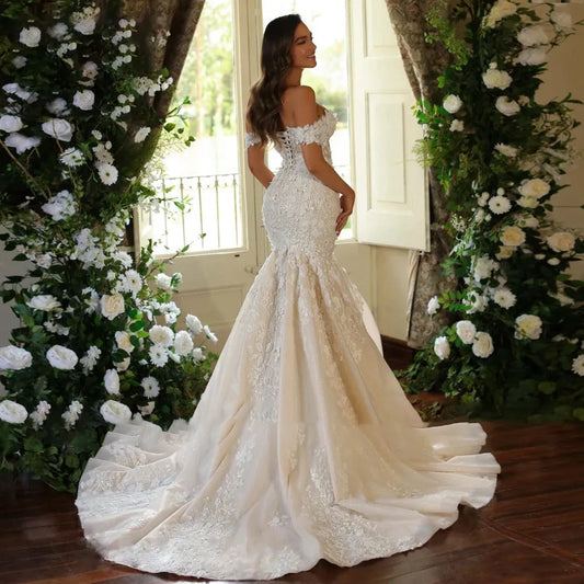 3d Flower Applique Litter Mermaid Wedding Dresses For Woman Cap Sleeve Princess Bridal Gown Lace Up Lace-up Dress Robe