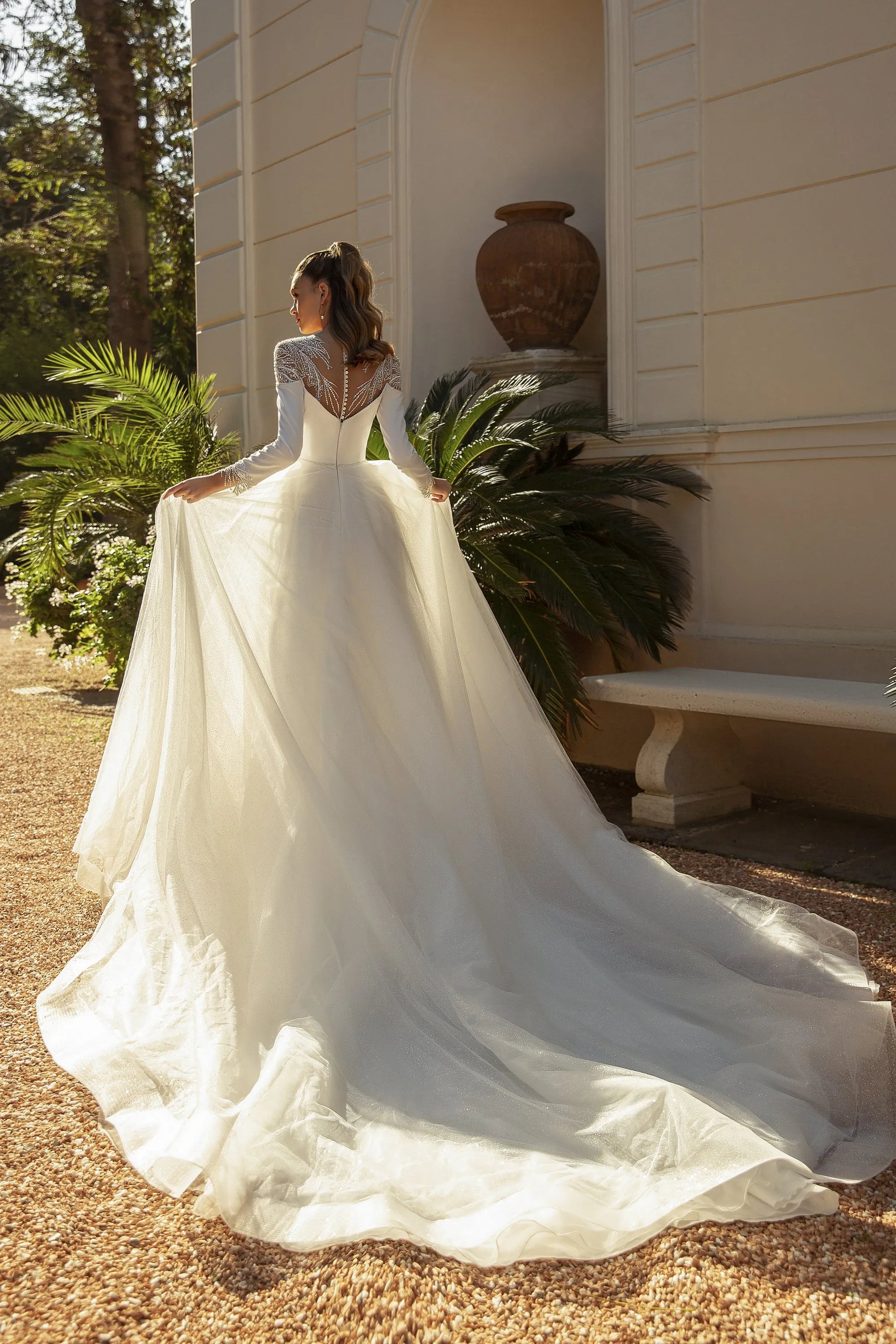 Modest High Collar Long Sleeve Wedding Dress Sparkly Sequins Bride Robe Elegant A-line Long Bridal Gown Robe De Mariée