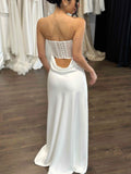 Simple Strapless Straight Neckline Wedding Dress Vestido De Novia Satin Skirt Bow Court Train Dress Bridal Gown