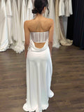 Simple Strapless Straight Neckline Wedding Dress Vestido De Novia Satin Skirt Bow Court Train Dress Bridal Gown
