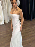 Simple Strapless Straight Neckline Wedding Dress Vestido De Novia Satin Skirt Bow Court Train Dress Bridal Gown