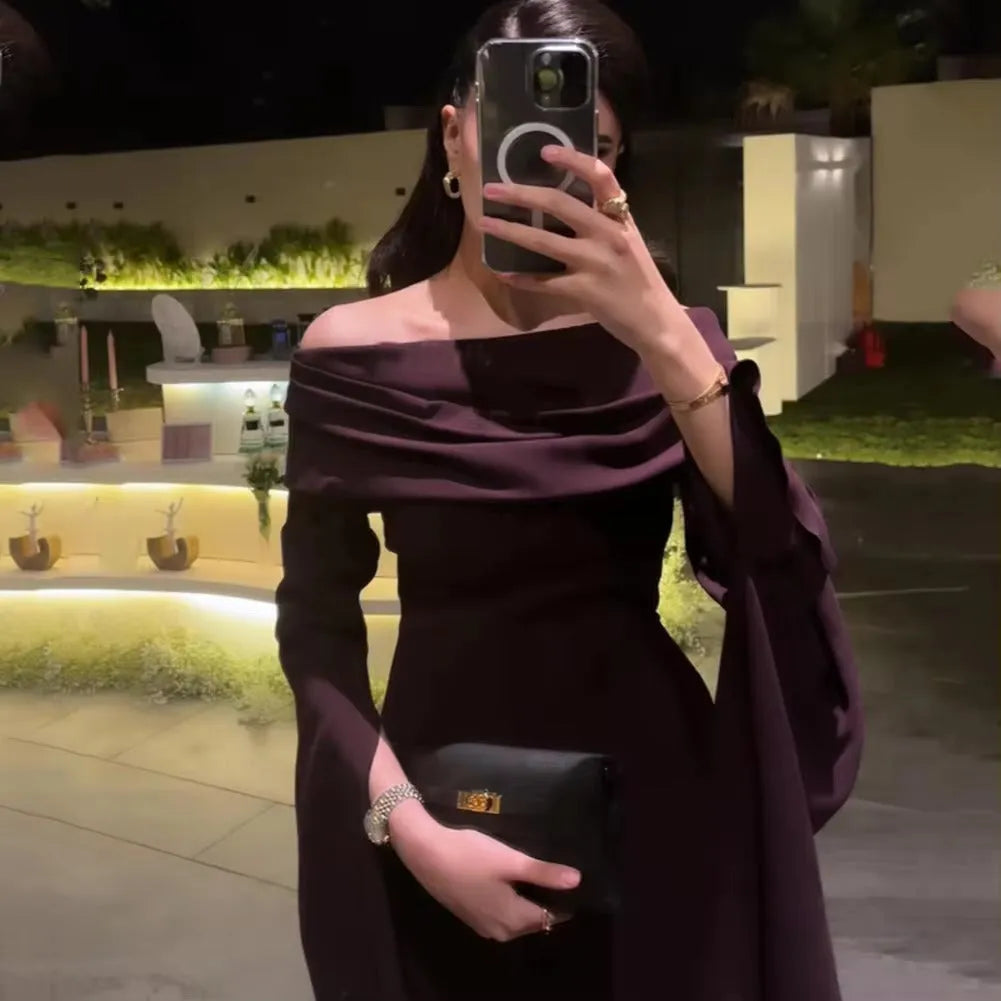Purple Satin Long Mermaid Evening Dresses Off The Shoulder Pleats Dubai Arabic Women Prom Gowns Party Dress Vestidos