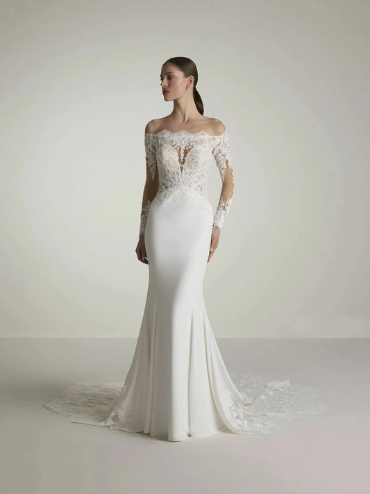 Mermaid Wedding Dress with Off-Shoulder Neckline Vestido De Novia Bow Satin Court Train Sleeves Bridal Gowns Modern Princess White Mermaid Satin