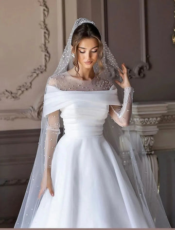 Elegant A line Wedding Dresses Illusion O Neck Long Sleeves Pearls Beads Detail designer Bridal Gowns Custom De Mariee Champagne