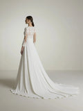 A-Line Wedding Dress with V Neck with Three Quarter Sleeves in Crepe Bow Satin Court Train Sleeves Bridal Gowns White Satin Mermaid Modern Princess Vestido De Novia
