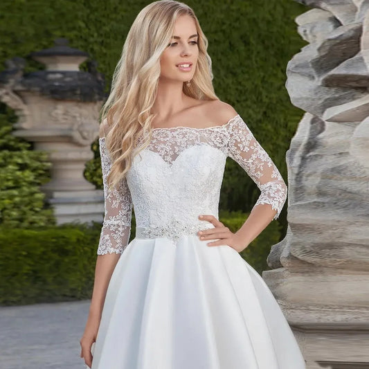 Short Wedding Dress Knee-Length Vestido De Noiva Boat Neck Off Shoulder Half Sleeve Lace Top A-line Satin Bridal Gown