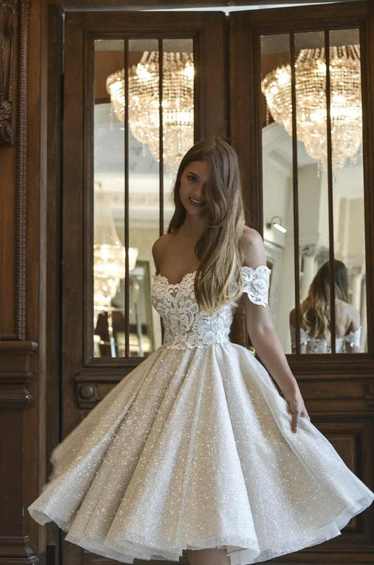 Summer Short Glitter Wedding Dresses Tea-Length Off Shoulder Elegant Women Bridel Gowns Lace Applique Shiny Princess Wedding