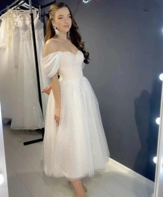 Short Wedding Dress Off Shoulder Ankle Length Point Tulle Bridal Gown Gorgeous Brides Tulle Robe De Mariee Graceful