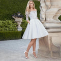 Short Wedding Dress Knee-Length Vestido De Noiva Boat Neck Off Shoulder Half Sleeve Lace Top A-line Satin Bridal Gown White