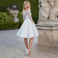 Short Wedding Dress Knee-Length Vestido De Noiva Boat Neck Off Shoulder Half Sleeve Lace Top A-line Satin Bridal Gown