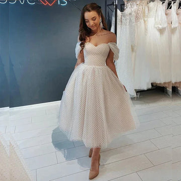 Short Wedding Dress Off Shoulder Ankle Length Point Tulle Bridal Gown Gorgeous Brides Tulle Robe De Mariee Graceful Floor Length
