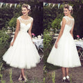 Vintage Lace Short Wedding Dress Tea-Length Sheer Back Cap Sleeves Plus Size Elegant Garden Wedding Bridal Gowns White