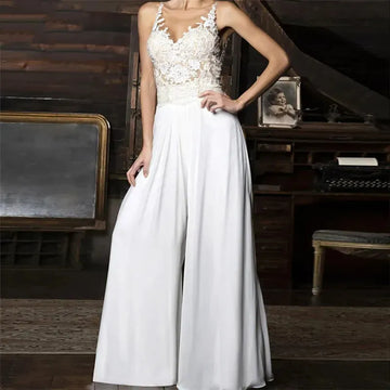 2 PCS Jumpsuits Wedding Dresses for Women Pant Suit Lace Applique Beaded Bride Formal Bridal Gowns Vestidos De Noiva Floor Length Ivory
