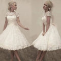 Short Lace Wedding Dress Tea-Length Short Sleeves Garden Wedding Bridal Gown V-Back Vestidos de Novia Custom Made White