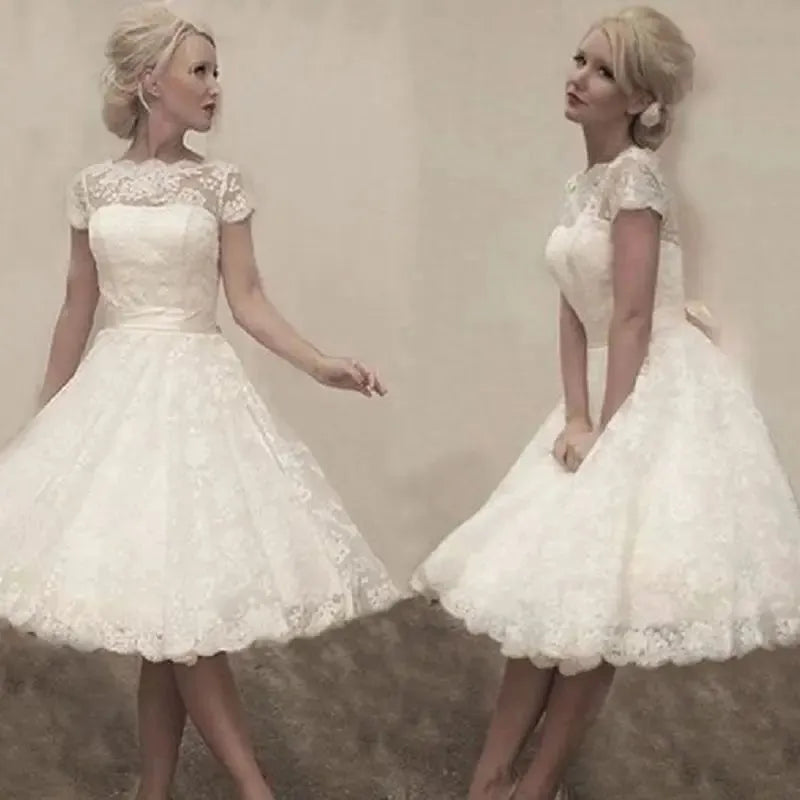 Short Lace Wedding Dress Tea-Length Short Sleeves Garden Wedding Bridal Gown V-Back Vestidos de Novia Custom Made White