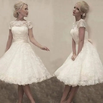 Short Lace Wedding Dress Tea-Length Short Sleeves Garden Wedding Bridal Gown V-Back Vestidos de Novia Custom Made White