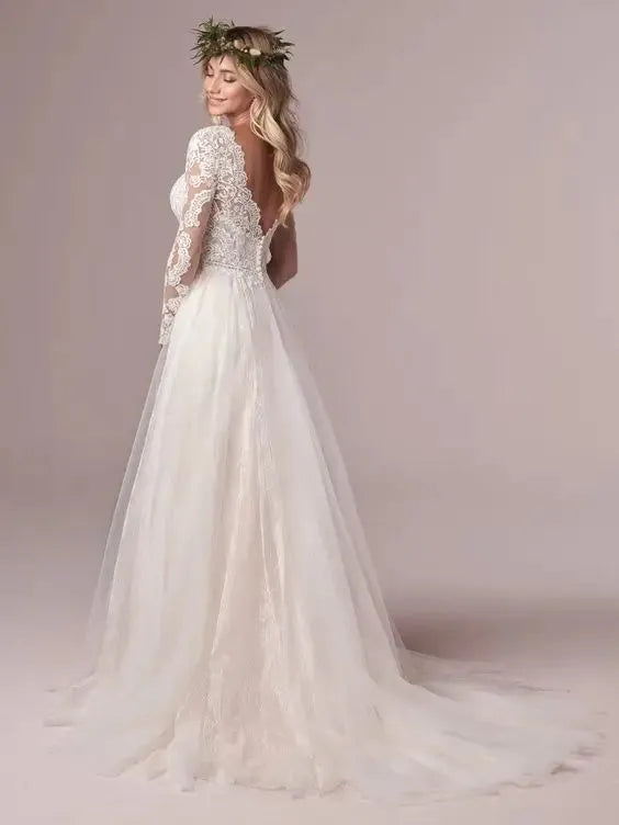 A Line Long Sleeve Bridal Dresses Wedding Dress Tulle Lace Long Ivory Vestido De Novia Open Back Plus Size