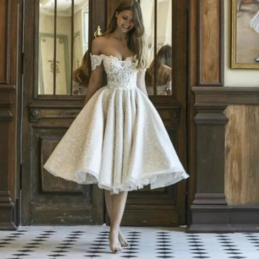 Summer Short Glitter Wedding Dresses Tea-Length Off Shoulder Elegant Women Bridel Gowns Lace Applique Shiny Princess Wedding Champagne