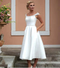 Simple Satin Short Wedding Dresses Knee Length With Crystal Beading Bridal Gowns With Pocket Elegant Scalloped Cap Sleeve