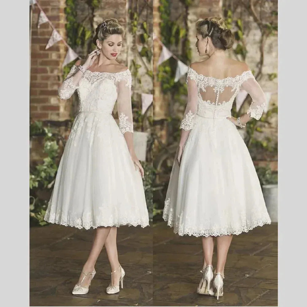 Off-shoulder Short Wedding Dress Elegant Tea-Length Half Sleeve Lace Appliques Boat-Neck Bridal Gown Vestidos De Novia Ivory
