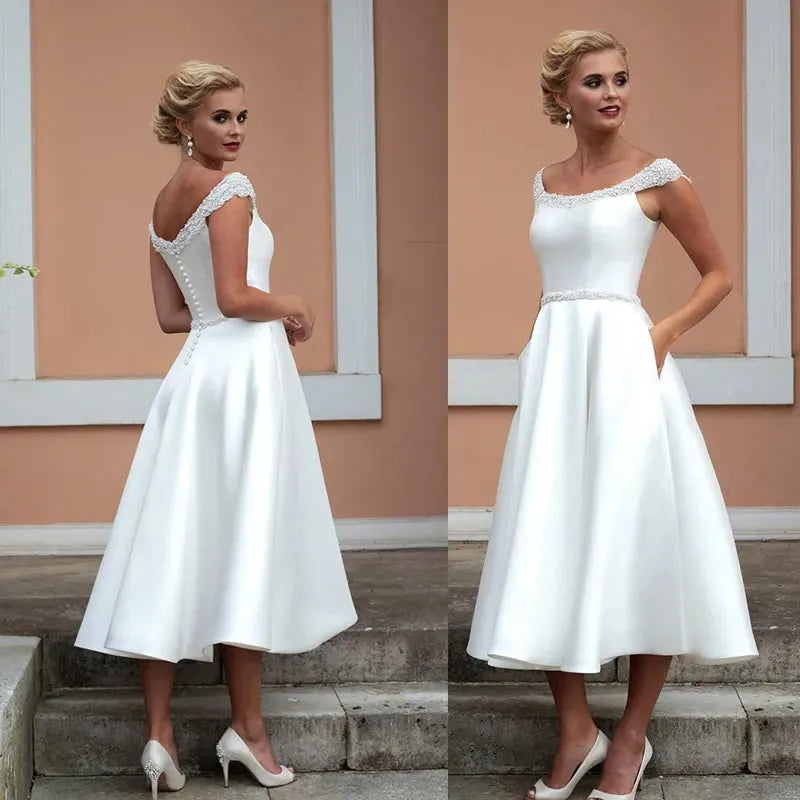 Simple Satin Short Wedding Dresses Knee Length With Crystal Beading Bridal Gowns With Pocket Elegant Scalloped Cap Sleeve White