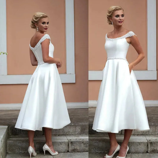 Simple Satin Short Wedding Dresses Knee Length With Crystal Beading Bridal Gowns With Pocket Elegant Scalloped Cap Sleeve White