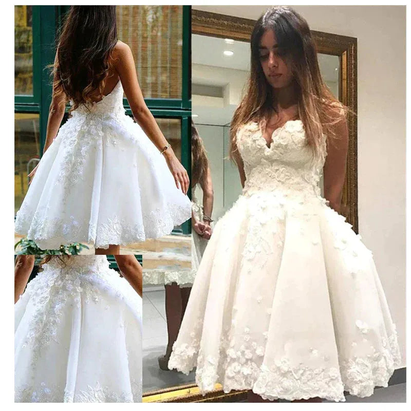 Short Informal Wedding Dress White Bride Dresses vestido de novia 3D Flowers Ball gown Wedding Dresses Champagne
