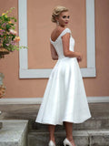 Simple Satin Short Wedding Dresses Knee Length With Crystal Beading Bridal Gowns With Pocket Elegant Scalloped Cap Sleeve