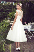 Vintage Lace Short Wedding Dress Tea-Length Sheer Back Cap Sleeves Plus Size Elegant Garden Wedding Bridal Gowns