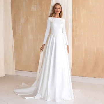 Arabic Wedding Dress Long Sleeves Scoop Neck Simple Bridal Gowns A Line Sweep Train Jersey Marriage Muslim Bride Dresses White