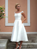 Simple Satin Short Wedding Dresses Knee Length With Crystal Beading Bridal Gowns With Pocket Elegant Scalloped Cap Sleeve