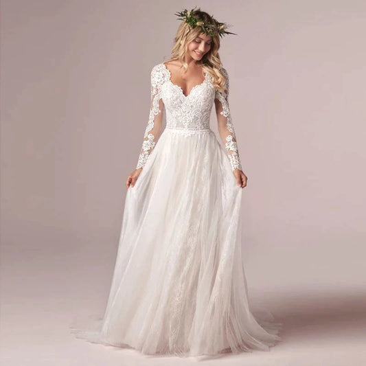 A Line Long Sleeve Bridal Dresses Wedding Dress Tulle Lace Long Ivory Vestido De Novia Open Back свадебное платье Plus Size
