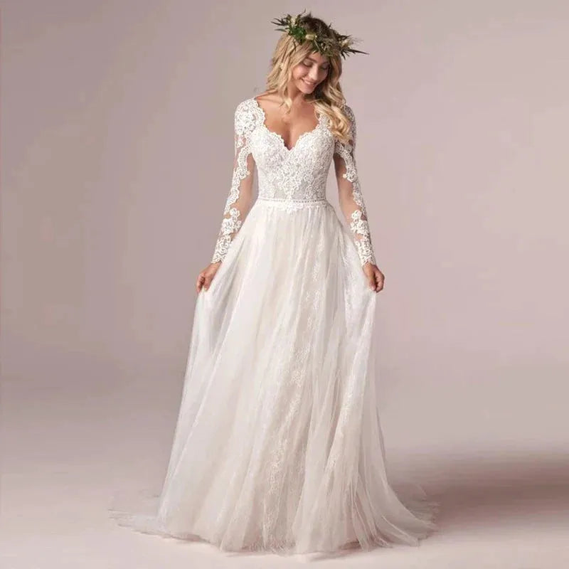 A Line Long Sleeve Bridal Dresses Wedding Dress Tulle Lace Long Ivory Vestido De Novia Open Back Plus Size