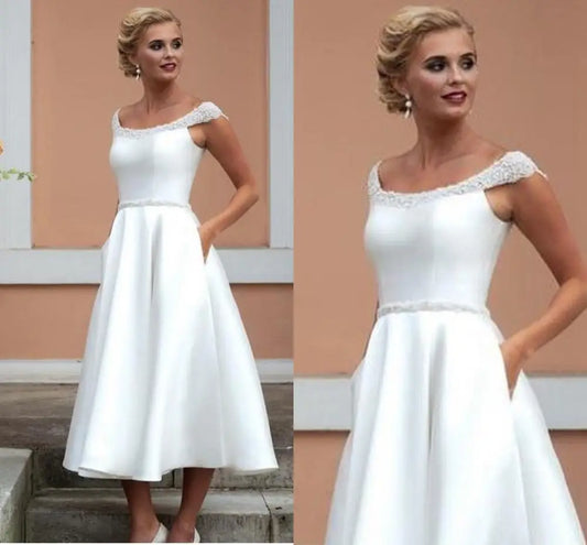 Simple Satin Short Wedding Dresses Knee Length With Crystal Beading Bridal Gowns With Pocket Elegant Scalloped Cap Sleeve