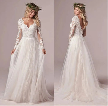 A Line Long Sleeve Bridal Dresses Wedding Dress Tulle Lace Long Ivory Vestido De Novia Open Back Plus Size Custom Color