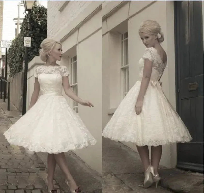 Short Lace Wedding Dress Tea-Length Short Sleeves Garden Wedding Bridal Gown V-Back Vestidos de Novia Custom Made