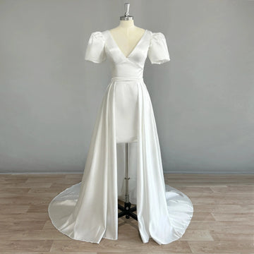 Short Puff Sleeves Satin Elegant Short Wedding Dress Detachable Train V Neck Mini Length Bridal Gown Ivory
