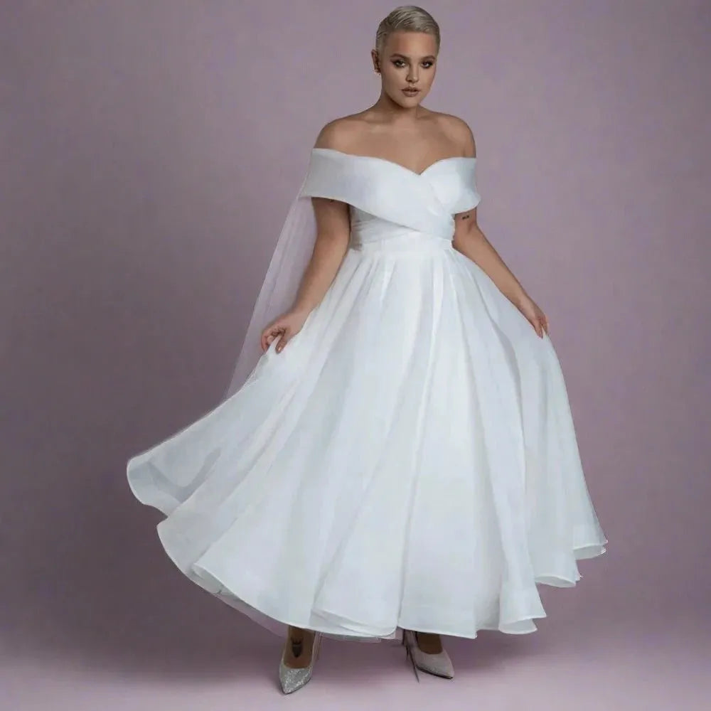 Short Civil Wedding Dresses For Women Ankle-Length Off The Shoulder Bride Dress Robe De Mariée A-line Simple White