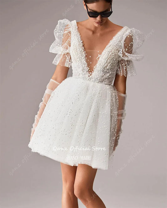 Boho Wedding Dresses Tulle Puff Sleeves Short Wedding Party Dress A Line Backlessdress Bride Birthday Dresses Luxur