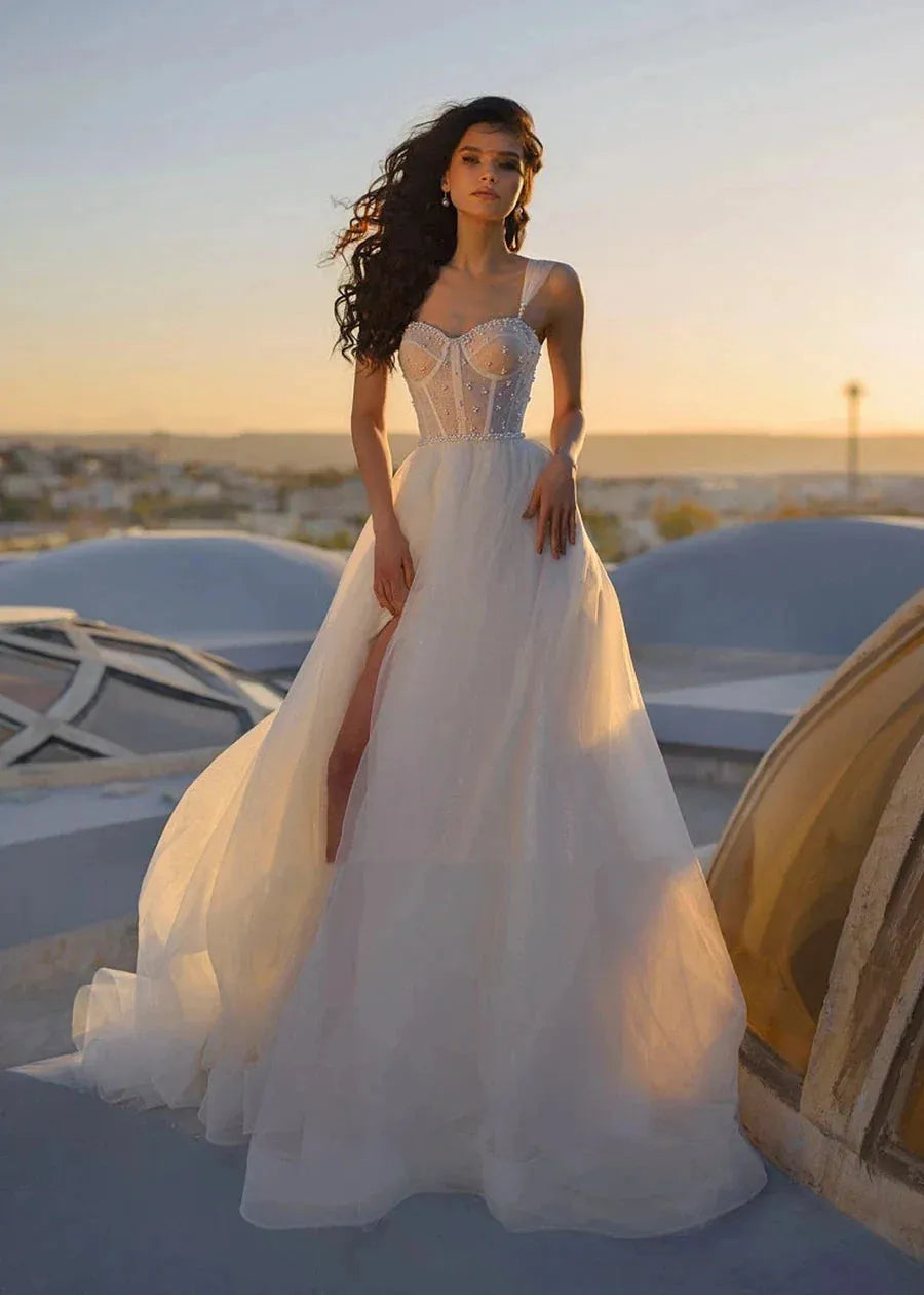 A-Line Tulle Wedding Dresses For Women Elegant Bridal Gowns Sleeveless Side Slit Sexy Robes For Formal Party Vestidos De Novia As Picture