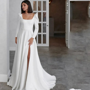 A-Line Wedding Dress Long Sleeve Square Collar Side Slit Simple Satin Open Back Beach Robe De Mariee Custom Made To Measures Champagne