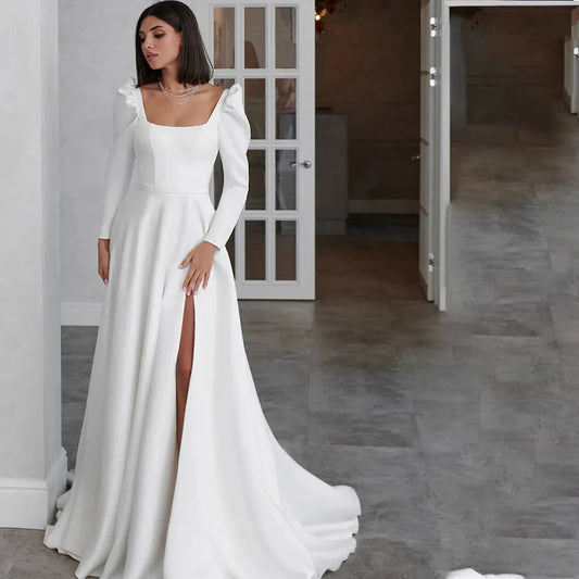 A-Line Wedding Dress Long Sleeve Square Collar Side Slit Simple Satin Open Back Beach Robe De Mariee Custom Made To Measures Champagne