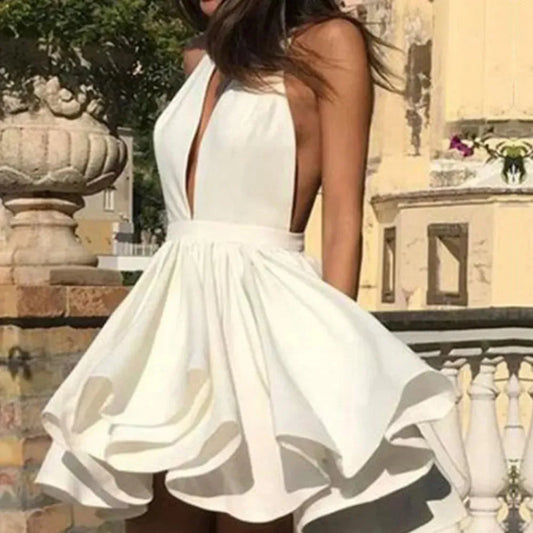 Sexy Halter Collar Short Wedding Dress For Bride Sleeveless A-Line Bridal Gown Simple Satin Vestido De Novia Ivory