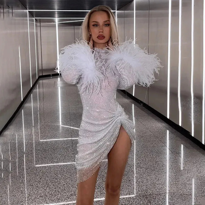 Autumn Bling Glitter Long Sleeve Side Slit Sexy Dresses For Women Feat