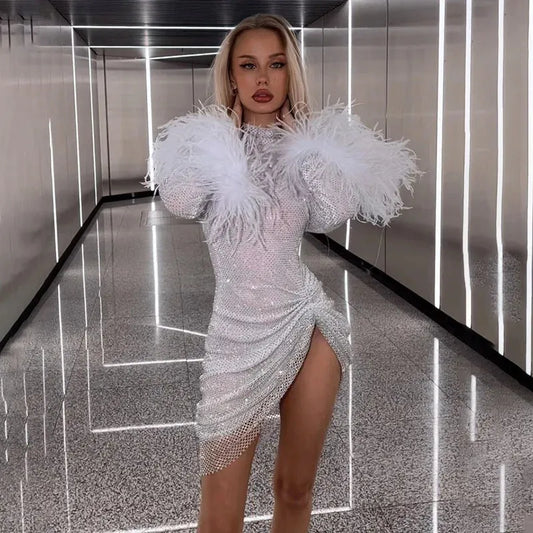 Autumn Bling Glitter Long Sleeve Side Slit Sexy Dresses For Women Feather Fashion Party Clubwear Y2K Fall Outfits