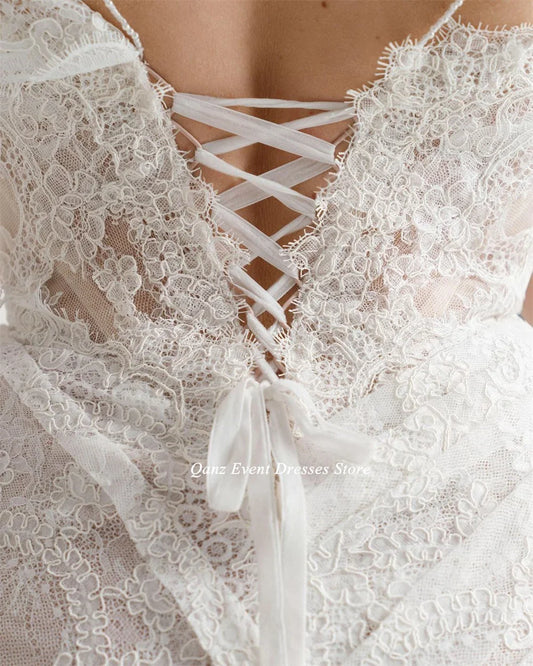 Short Tulle Wedding Dresses Mini Pearls Lace Appliques Bride Dress Vestido Branco Wedding Gowns Lace-up Back Robe De Mariée