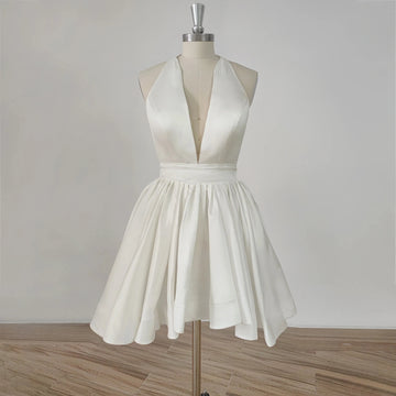 Deep V-Neck Halter Backless Mini Short Wedding Dresses For Women Simple Stain A-line Above Knee Bridal Gown Ivory